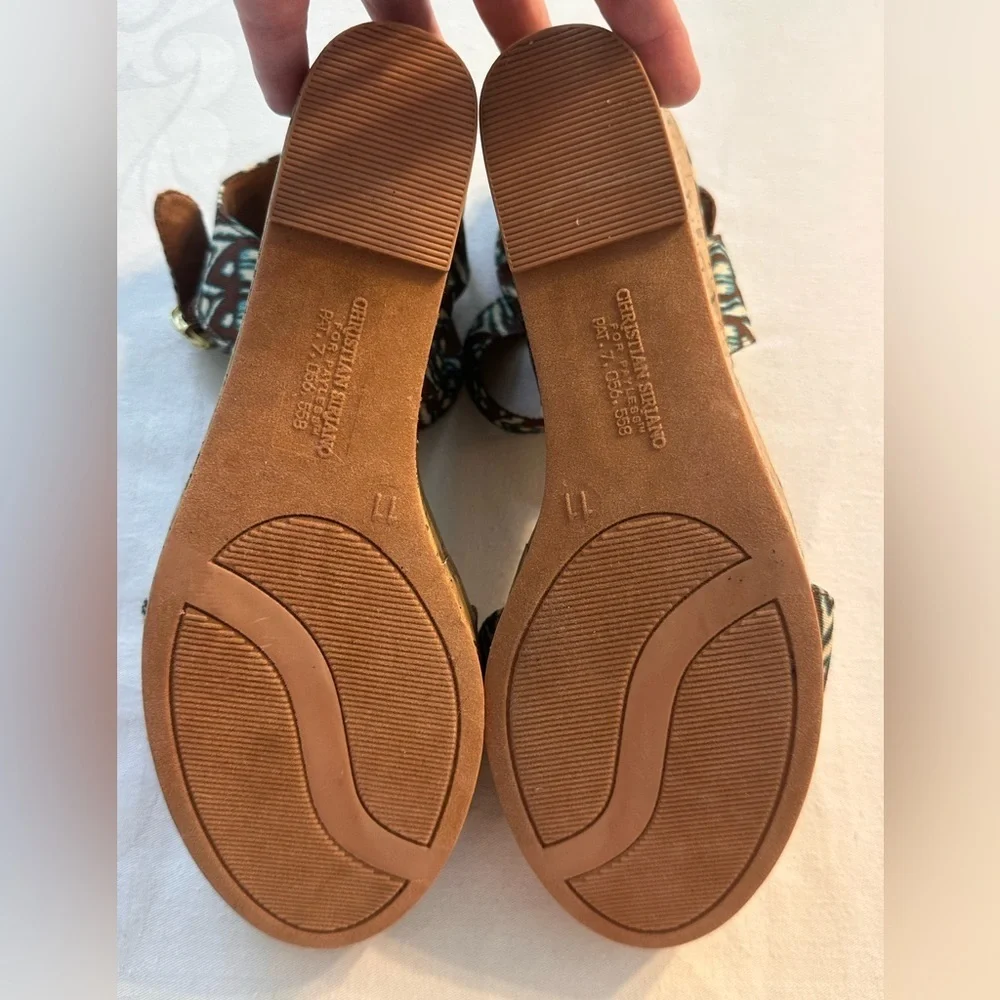 Christian Siriano Blue & Brown Ikat Cork Wedges Size 11 Boho Eclectic Classic